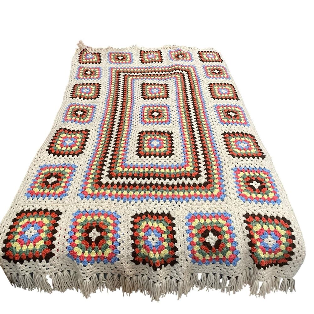 VTG Granny Square Crochet Afghan Blanket Size 82”x 48” Fringe Boho Roseanne